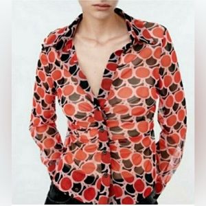 ZARA Women’s XL Red And Black Ruched Mesh Button Down Shirt
